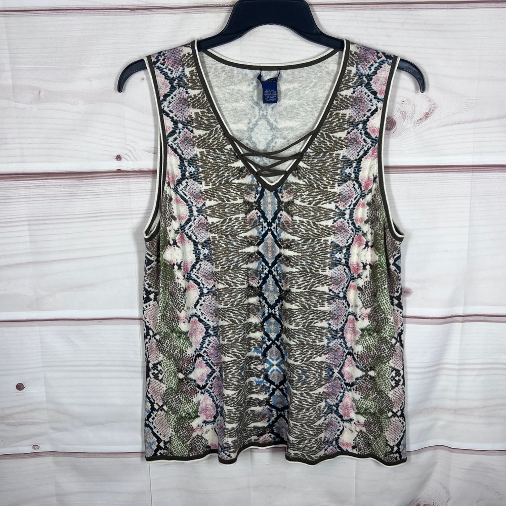Doncaster Tank Top Women 2W 2X Multicolor Snakeskin Lace Up Silk Blend Shell
